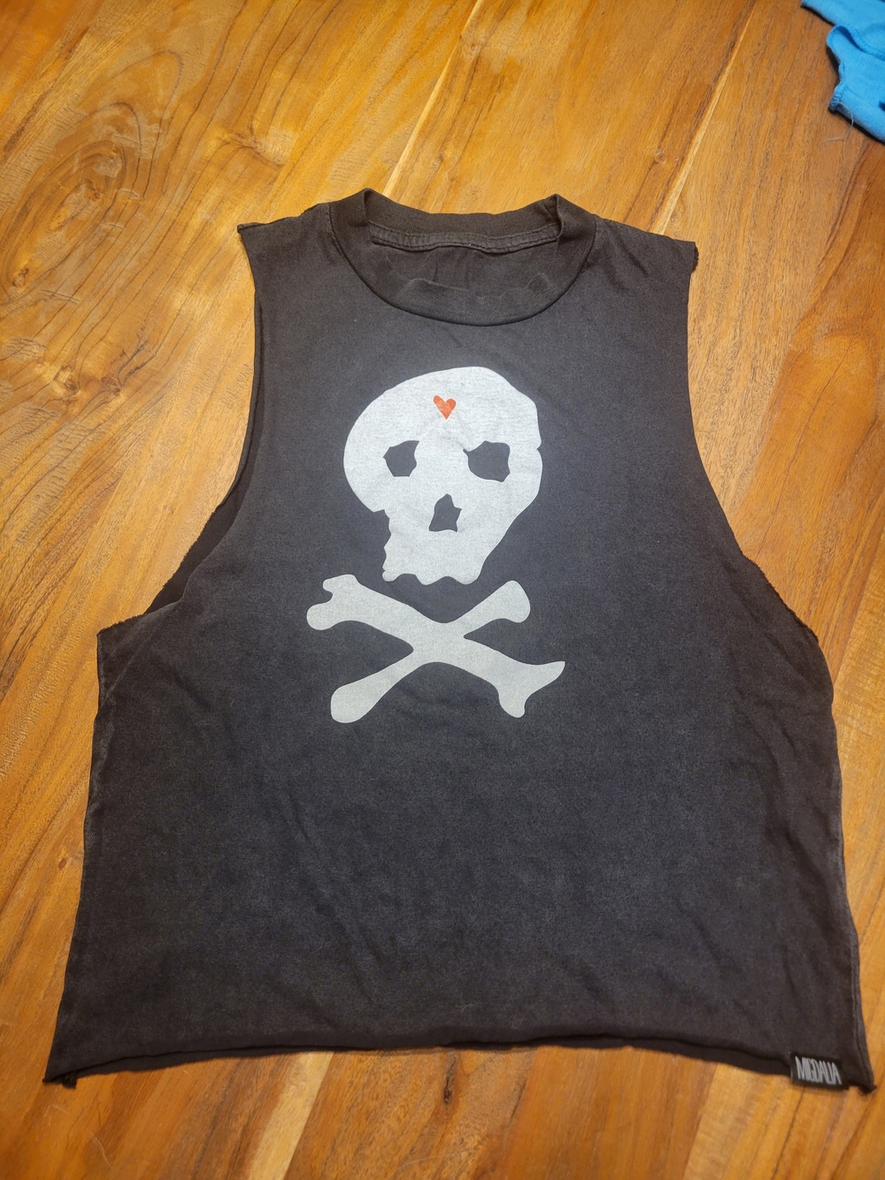 Migdalia Black Muscle Tee with White Skull and Tiny Red Heart